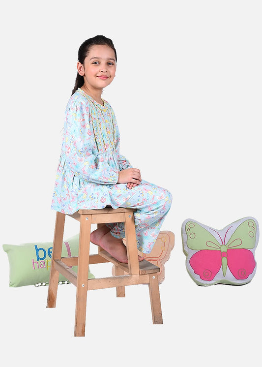 Butterfly Printed Rushed Frilled Nightwear