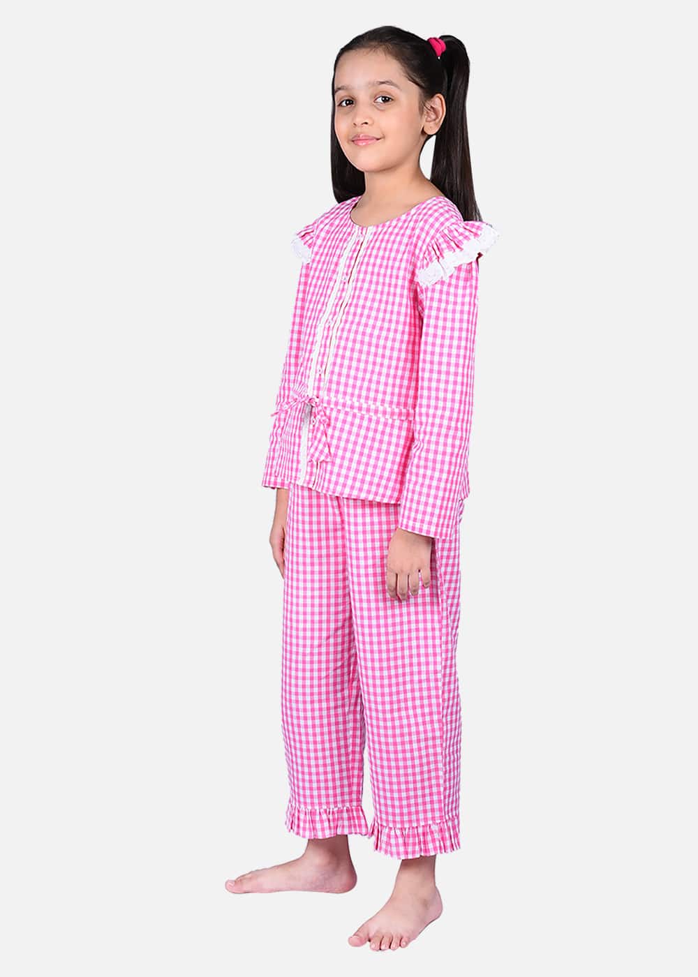 Blanc9 Pink Shoulder Frill Checkered Nightwear