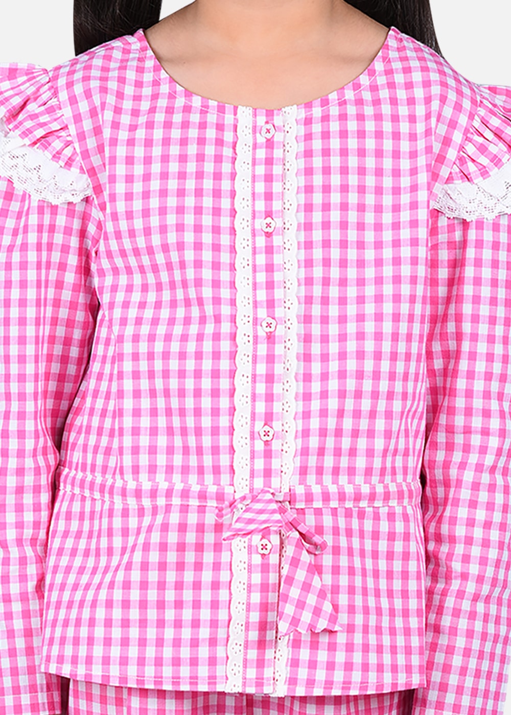 Pink Shoulder Frill Checkered Nightwear