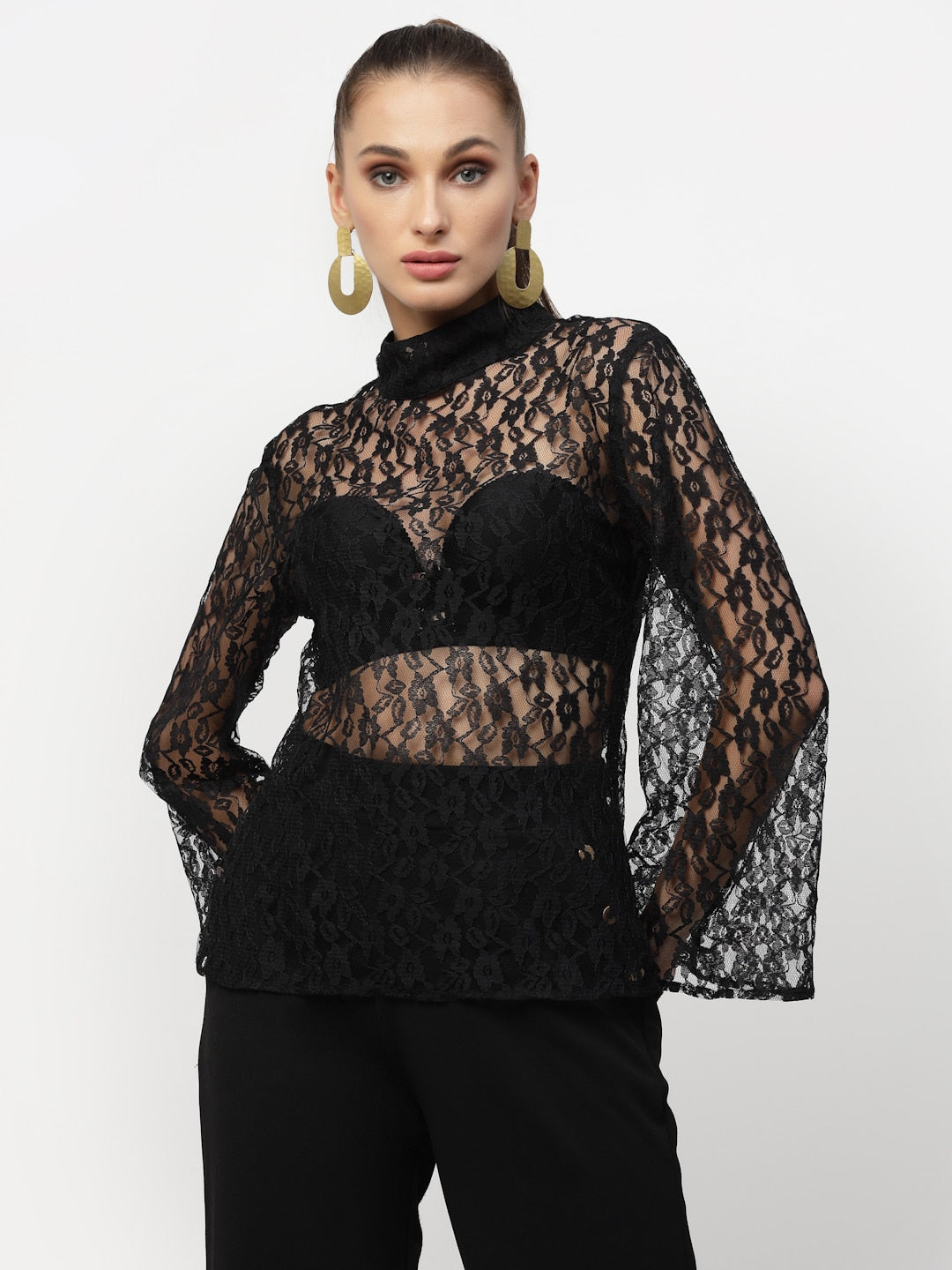 Blanc9 Black Lacy High Neck Top With Waistcoat Tunic