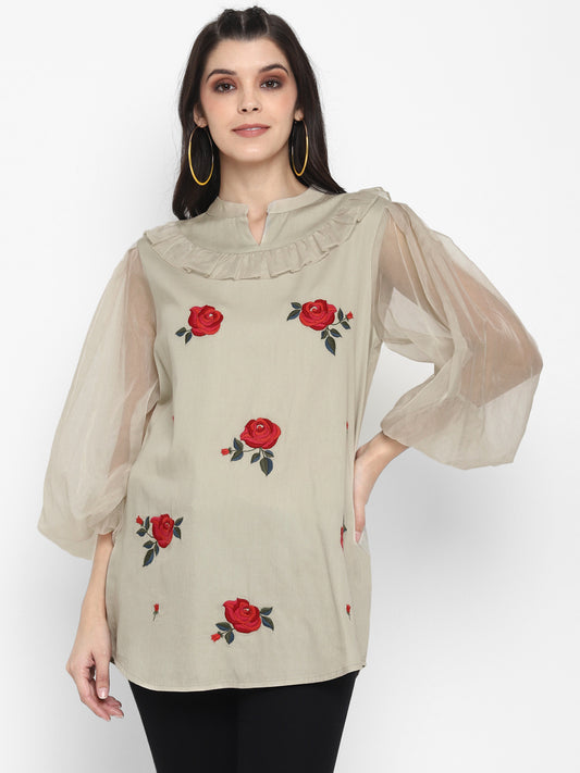 Rose Embroidered Tunic with Organza Sleeves