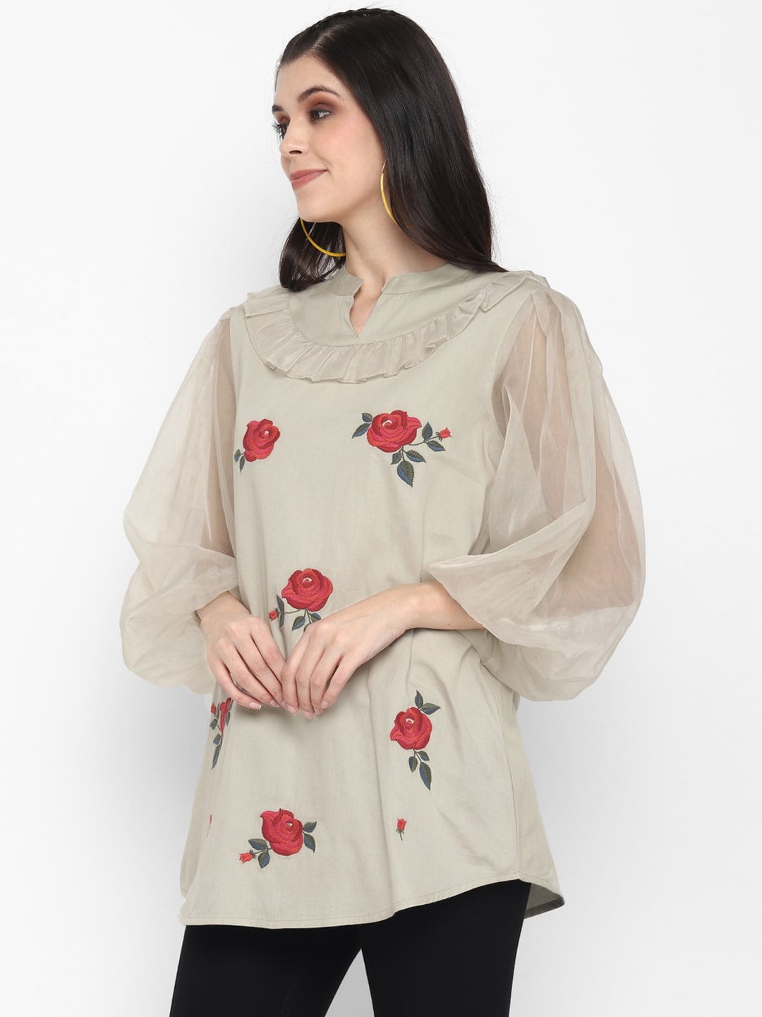 Rose Embroidered Tunic with Organza Sleeves