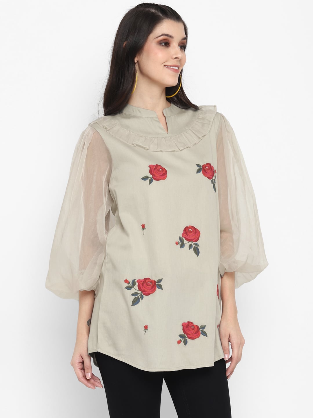 Rose Embroidered Tunic with Organza Sleeves