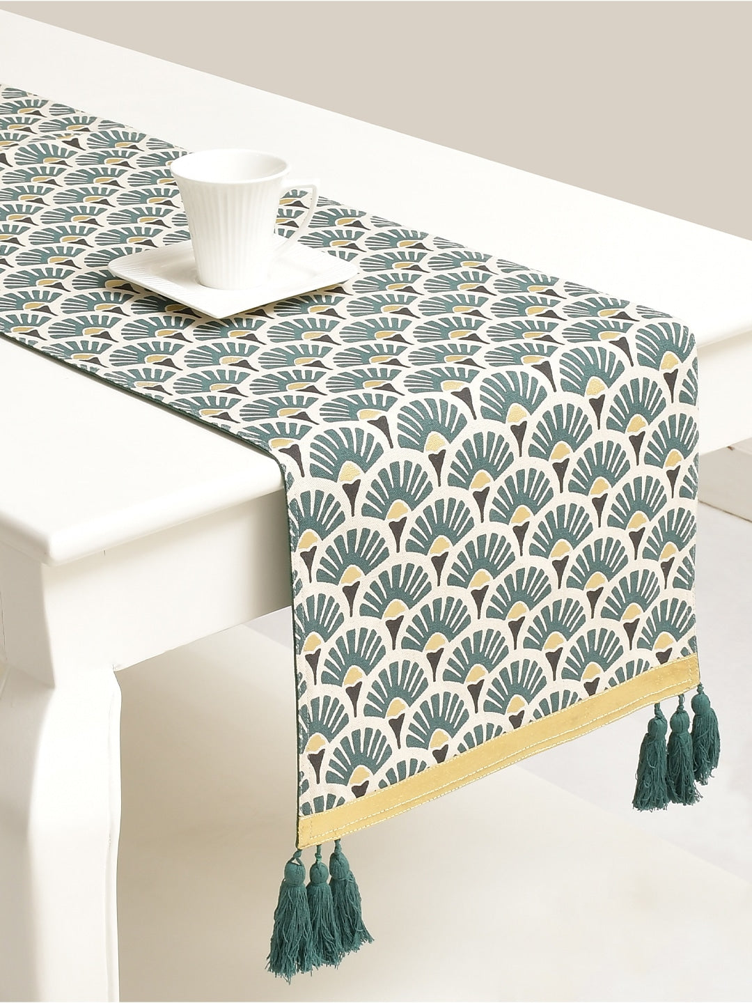 Blanc9 Shan 100% Cotton Printed Green 4/6 Seater Table Runner with Foil print.