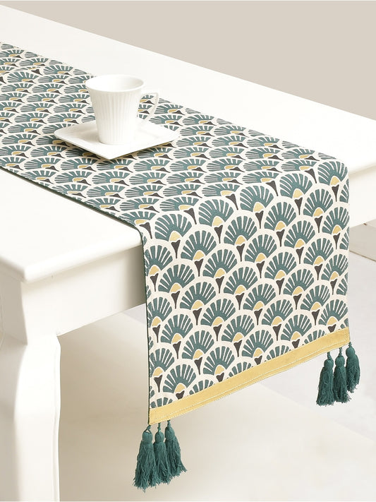 Shan 100% Cotton Printed Green 4/6 Seater Table Runner with Foil print.